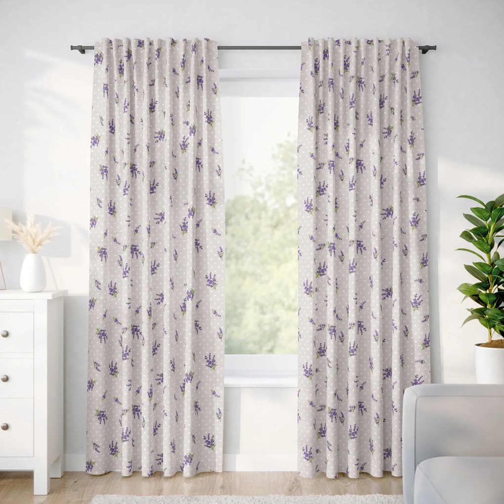 Goldea draperie 100% bumbac - lavandă și buline pe culoare naturală 160x140 cm