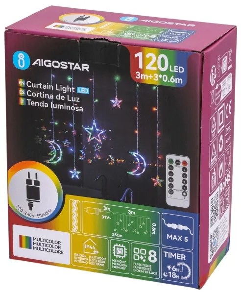 Aigostar - Instalație luminoasă LED RGBY de Crăciun pentru exterior 120xLED/6W/230V/8 funcții 3x0,6m IP44 + telecomandă