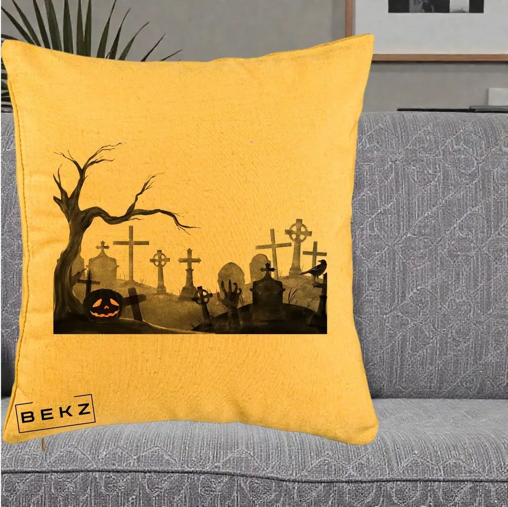 Perna Decorativa Halloween Cimitir Acuarela cu Dovleac, 40x40 cm, Galben, Husa Detasabila, Perna Inclusa, BEKZ®