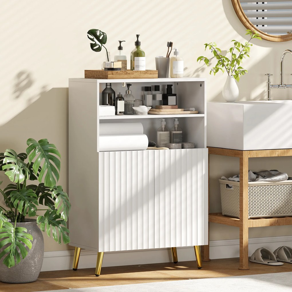HOMCOM Dulap de Baie cu 2 Rafturi Deschise și Dulap, Dulap Compact cu Uși Amortizate, Raft Reglabil, pentru Bucătărie Living, 60x31.8x93 cm, Alb | Aosom Romania