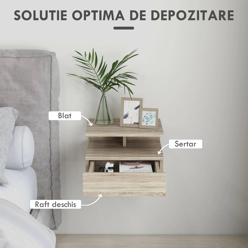 HOMCOM Set de 2 Noptiere Moderne Suspendate pentru Dormitor cu Sertar si Blat  din Lemn 35x32x22.5cm, Stejar | Aosom Romania