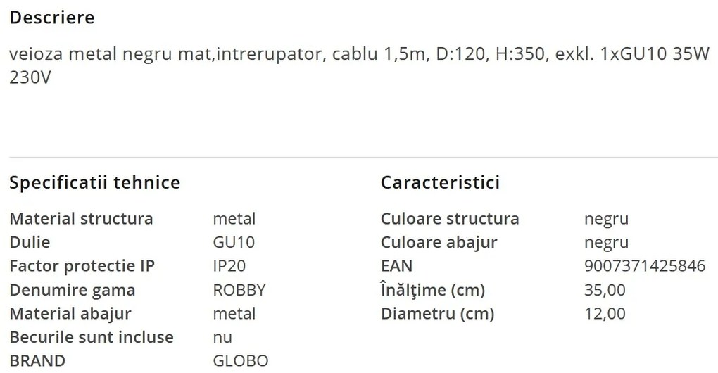 Veioza minimalista cu spot directionabil ROBBY neagra