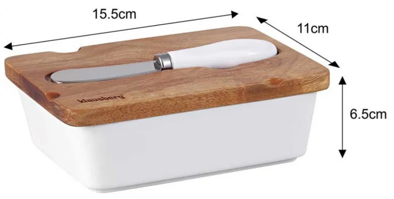 Cutie ceramica si cutit pentru unt Klausberg KB 7785, Capac lemn de salcam, Otel inoxidabil, Alb/Maro