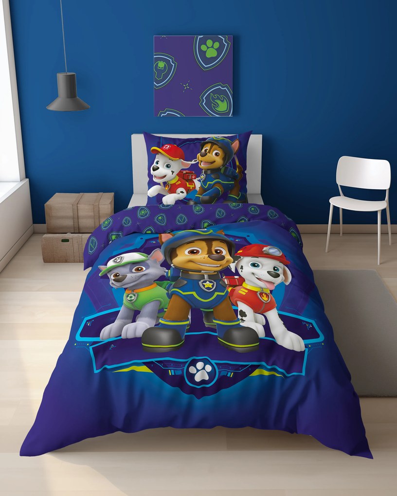 Lenjerie de pat luminoasa PAW PATROL Team logo albastra Dimensiune lenjerie de pat: 70 x 80 cm | 140 x 200 cm