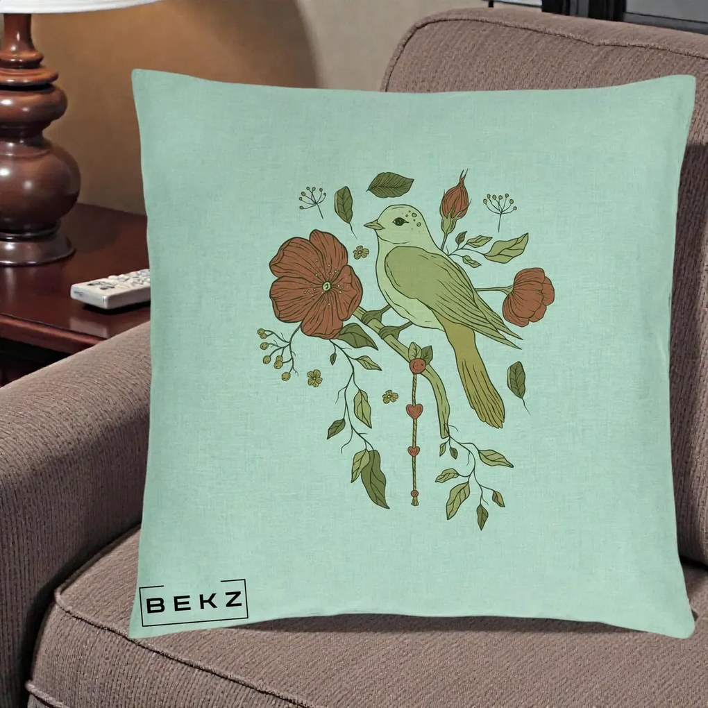 Perna Decorativa Pasare pe Ramura cu Maci, 40x40 cm, Verde Menta, Husa Detasabila, Perna Inclusa, BEKZ®