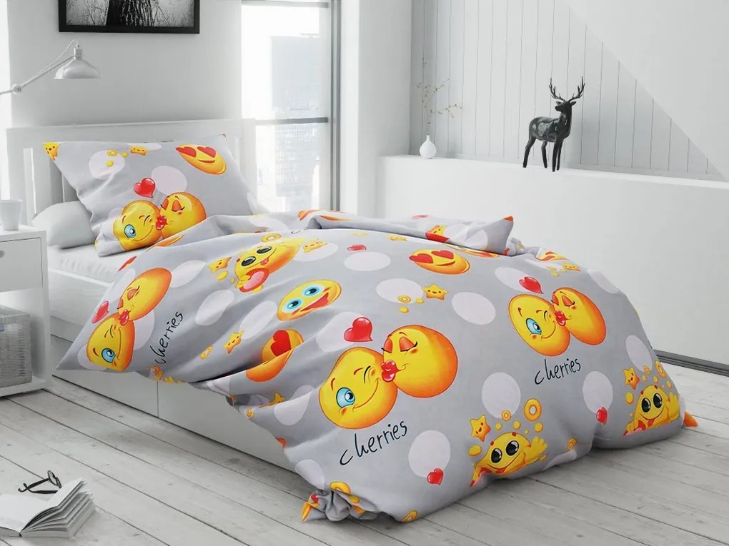 Lenjerie de pat din microfibra EMOJI gri + cearsaf jersey 90x200 cm galben