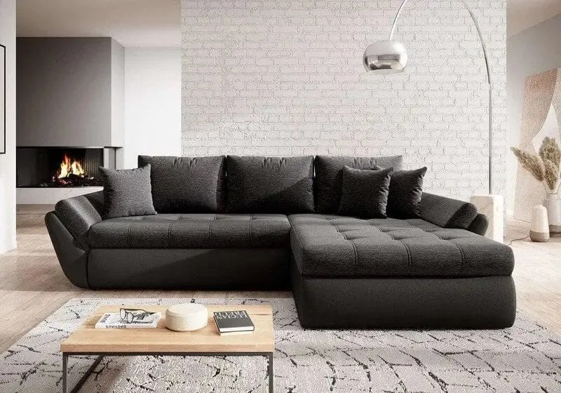 Colțar extensibil dumonde cu ladă de depozitare si sezut confortabil din spuma high-density, Loana Magma Black 270x185 cm