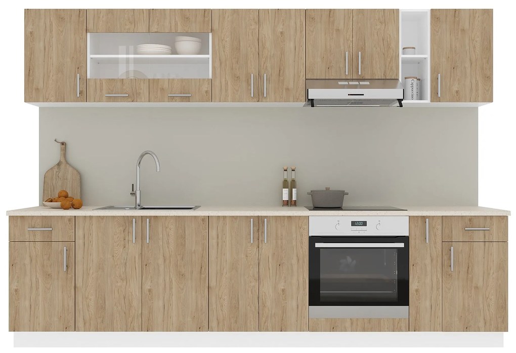Set Bucatarie Karo V25, Lemn Natural/Alb, Blat Thermo 28 mm, L 300 cm
