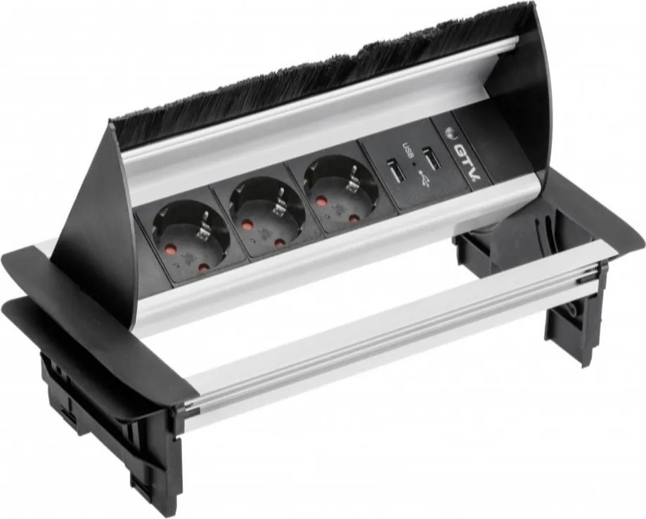 Priză încorporabilă în blat GTV, 3 prize Schuko, 2 x USB A, aluminiu, 291 x 158 mm Aluminiu, Aluminiu, L:291 mm; l:158 mm; H:80 mm