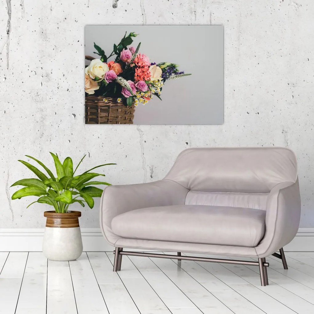 Tablou pe sticlă cu coș și flori (70x50 cm)