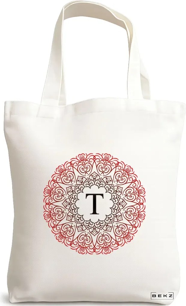 Sacosa de Panza pentru Cumparaturi, Geanta Tote, Cu litera T si Mandala, 38x34.5 cm, Alba, BEKZ®