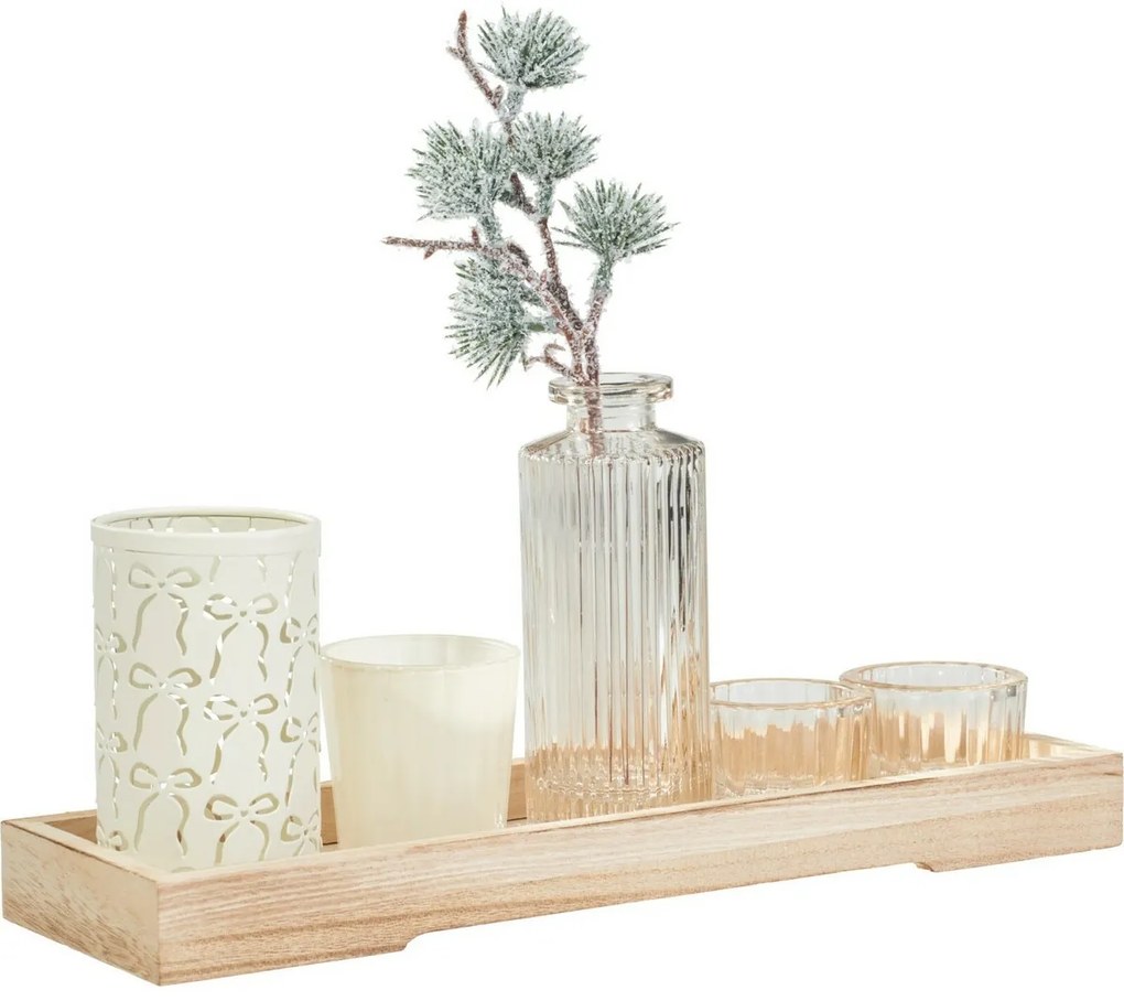 Set de sfeșnice pe tavă din lemn Winter Time, 6bucăți, 10,5 x 32,5 cm