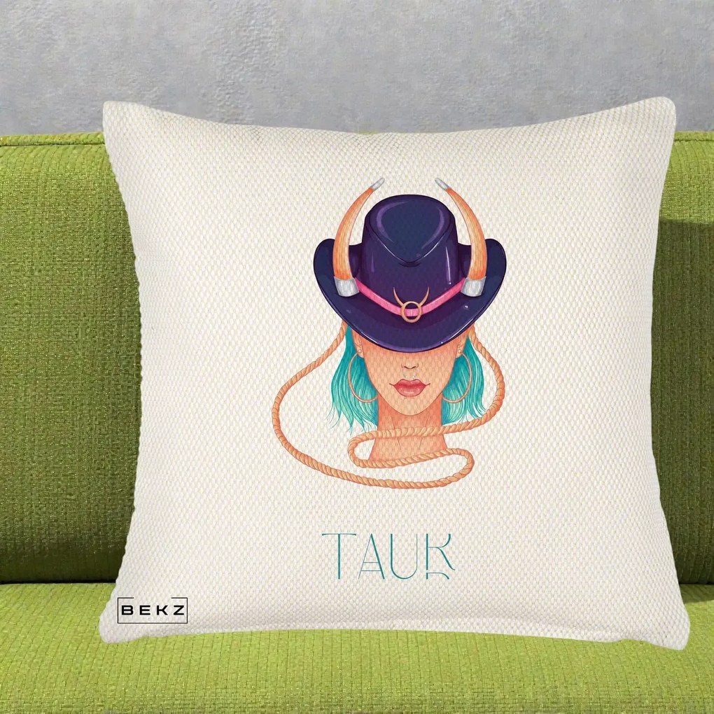 Perna Personalizata Zodie Taur, 40x40 cm, Crem Reliefat, Husa Detasabila, Perna Inclusa, BEKZ®