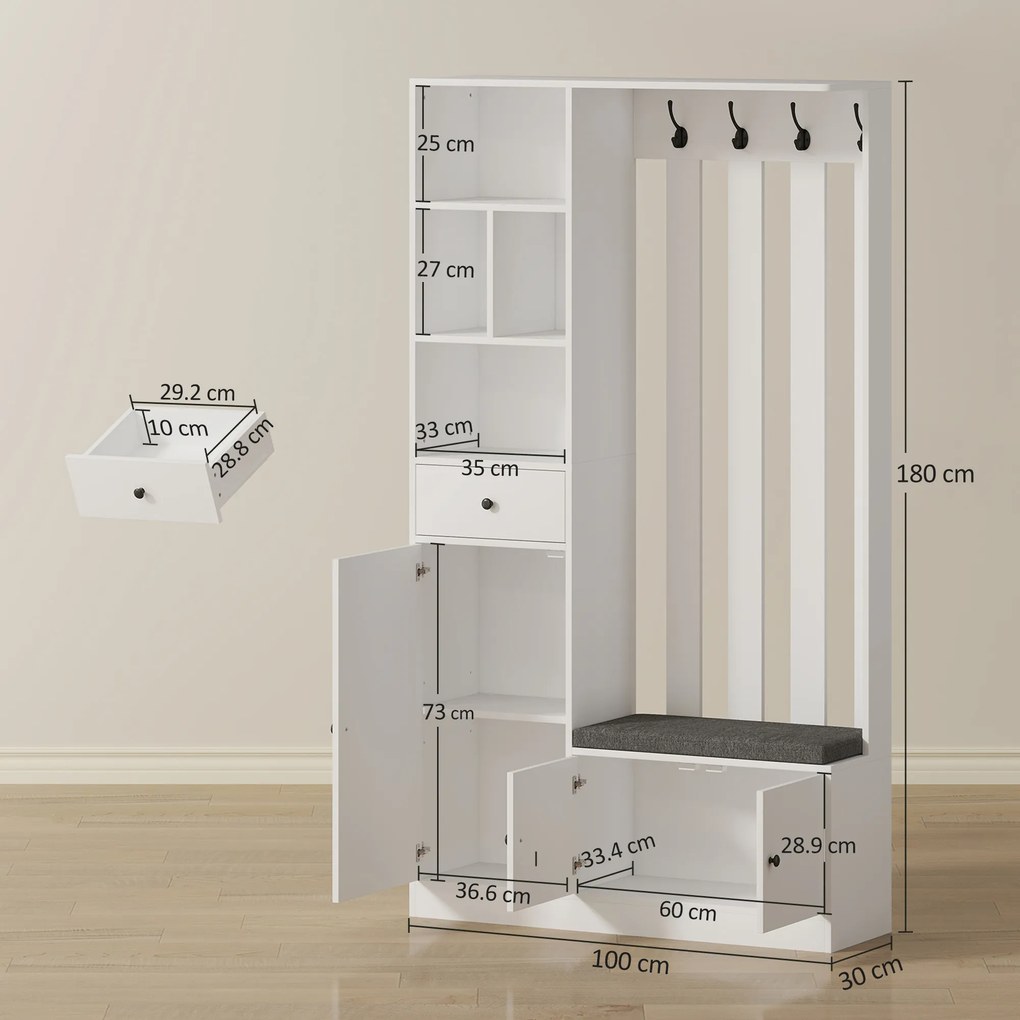 HOMCOM Cuier 180 cm cu Bancă pentru Pantofi, Soluție 4-în-1 cu Raft Reglabil, 4 Agățători și Compartimente Deschise, pentru Hol sau Living, Alb | Aosom Romania