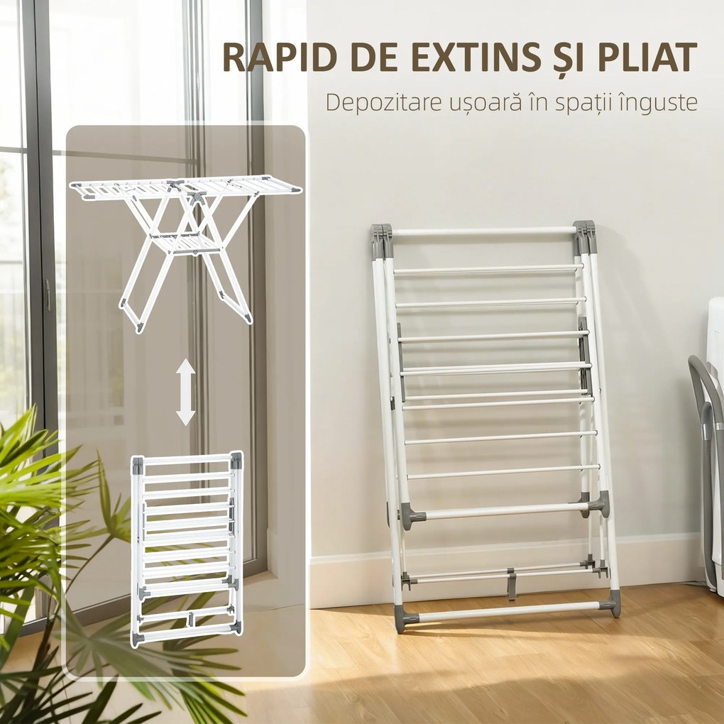 HOMCOM Uscător de Rufe cu 2 Niveluri Reglabil pe 4 Înălțimi Diferite, Uscător din Metal și Plastic, 156.5x61.5x97 cm, Alb | Aosom Romania
