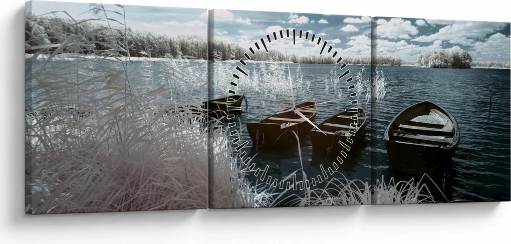 Tablou - Bărci de lemn pe lac (cu ceas) (90x30 cm)