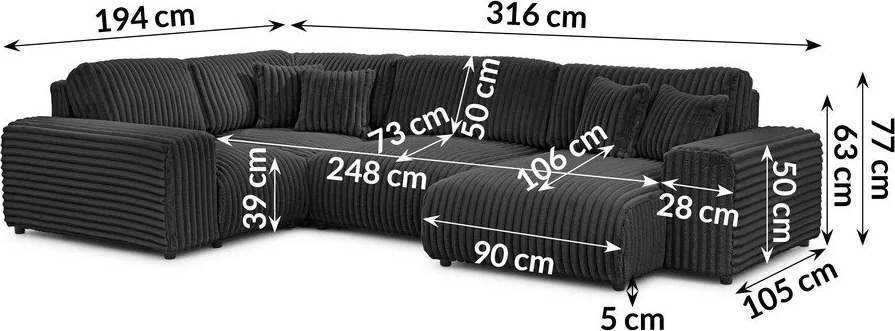 Colțar gri închis cu tapițerie din catifea reiată (cu colț pe partea stângă/în formă de "U") Justin – Ropez