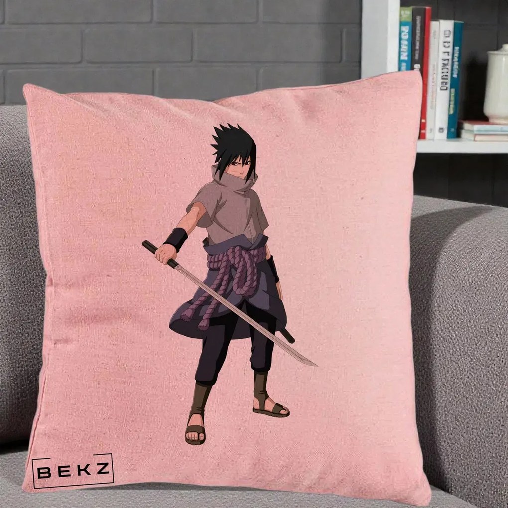 Perna Personalizata Naruto Sasuke Uchiha cu Sabia, 40x40 cm, Roz, Husa Detasabila, Perna Inclusa, BEKZ®