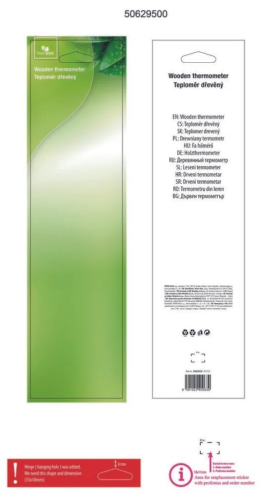 Termometru din lemn Happy Green, 25,5 cm