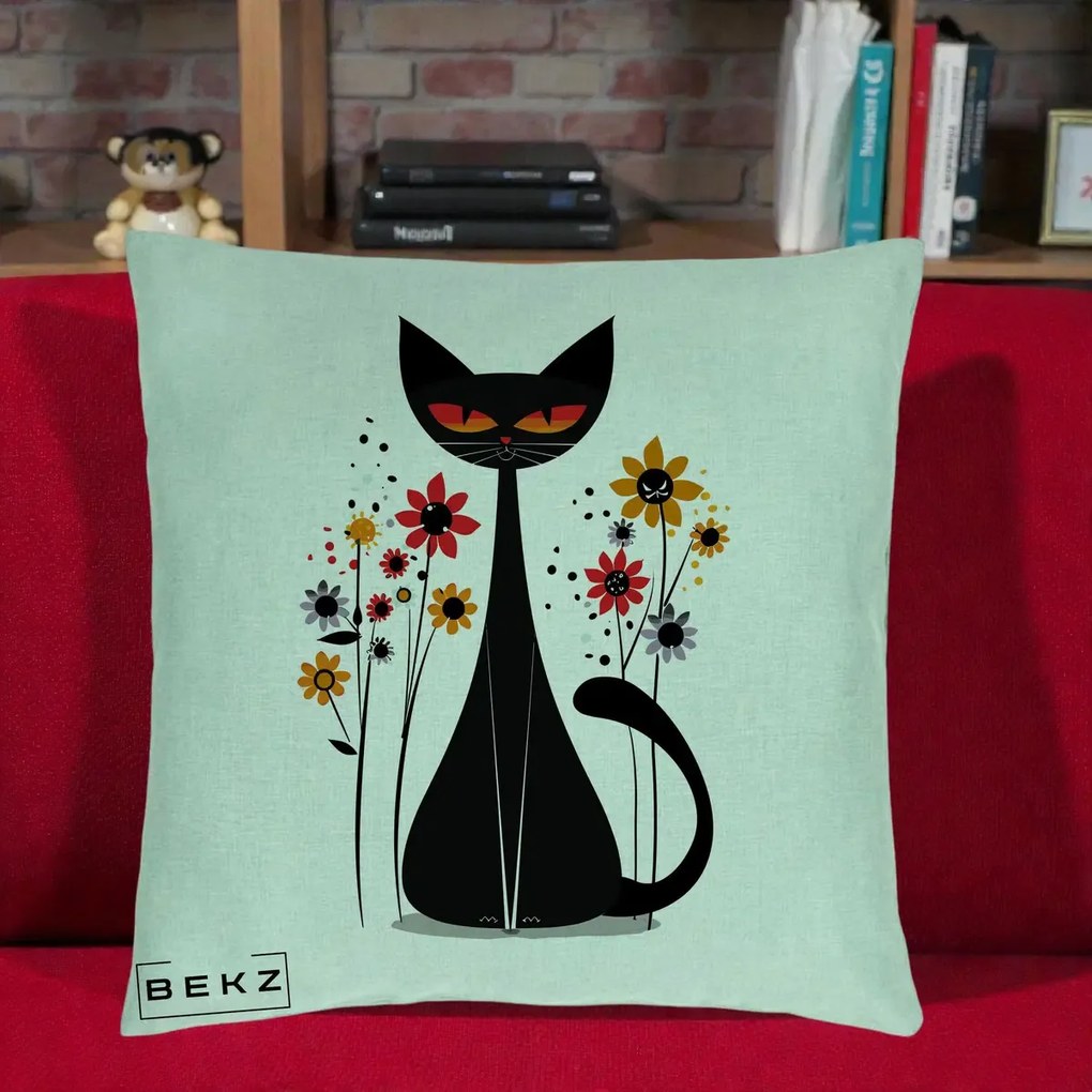 Perna Decorativa Pisica Neagra Ochi Rosii Flori, 40x40 cm, Verde Menta, Husa Detasabila, Perna Inclusa, BEKZ®