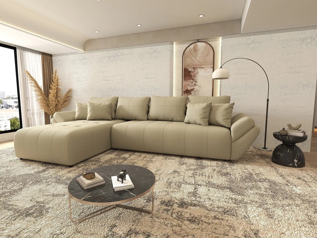 Colțar extensibil dumonde cu ladă de depozitare si sezut confortabil din spuma high-density, Berlin XL Enjoy Camel 350x185 cm