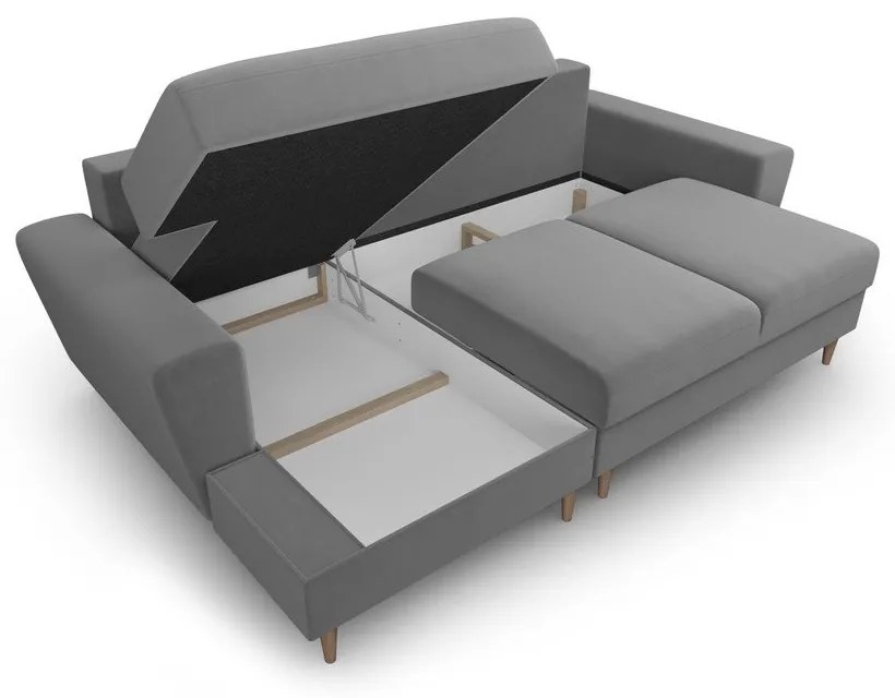 Colțar gri deschis extensibil, cu spațiu de depozitare cu tapițerie din catifea (cu colț pe partea stângă, cu șezlong) Kyoto – Cosmopolitan Design