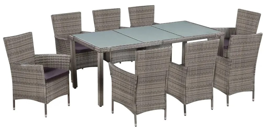 Set mobilier de exterior cu perne, 9 piese, gri, poliratan Gri si alb, Lungime masa 190 cm, 9