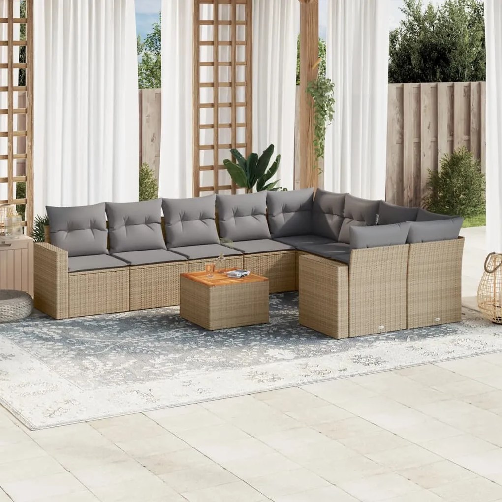 vidaXL Set canapele de grădină, 10 piese, cu perne, bej, poliratan