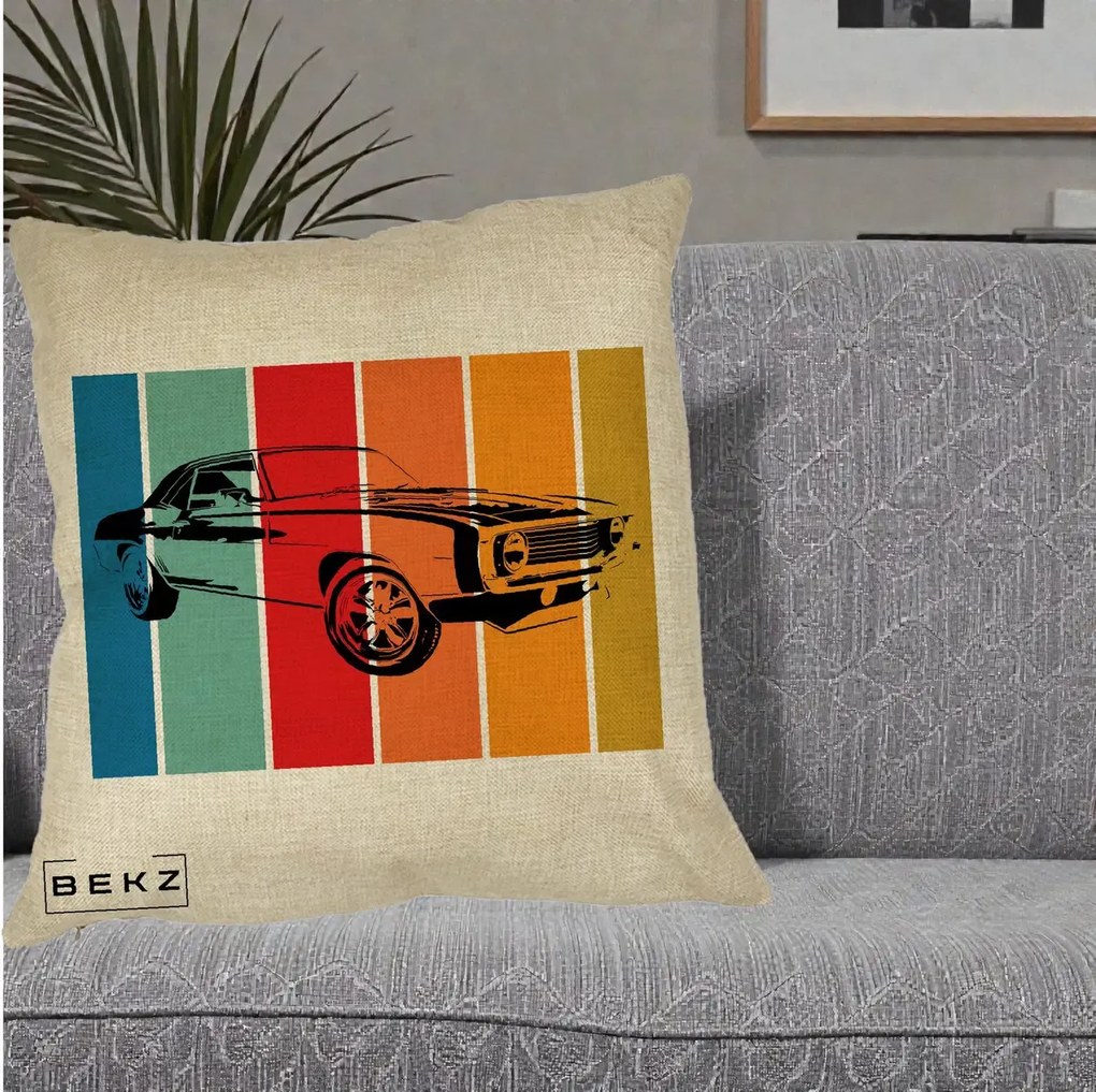 Perna Personalizata Masina Retro Muscle Car Grafic, 40x40 cm, Crem, Husa Detasabila, Perna Inclusa, BEKZ®