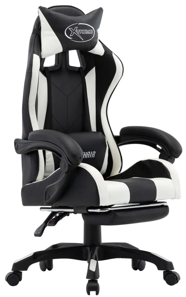 vidaXL Scaun de racing, suport picioare, alb/negru, piele ecologică