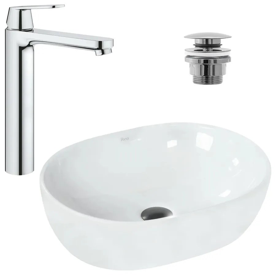 Pachet lavoar pe blat Rea Amelia alb 48 cm, baterie lavoar Grohe Eurosmart Cosmopolitan XL crom si ventil lavoar Click-Clack crom