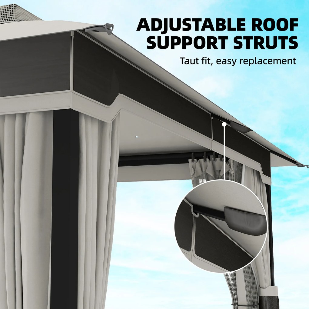 Outsunny Cort pentru Grădină cu Acoperiș Dublu Foișor cu 4 Pereți și Plasă Anti-Țânțari pentru Exterior Terasă 360x300x279 cm Gri Deschis | Aosom Romania