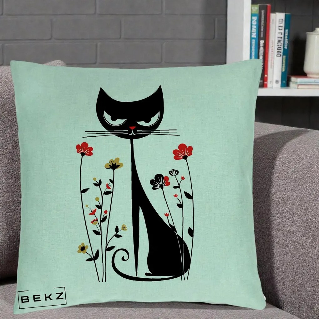 Perna Decorativa Pisica Neagra Grafica Flori Rosii, 40x40 cm, Verde Menta, Husa Detasabila, Perna Inclusa, BEKZ®