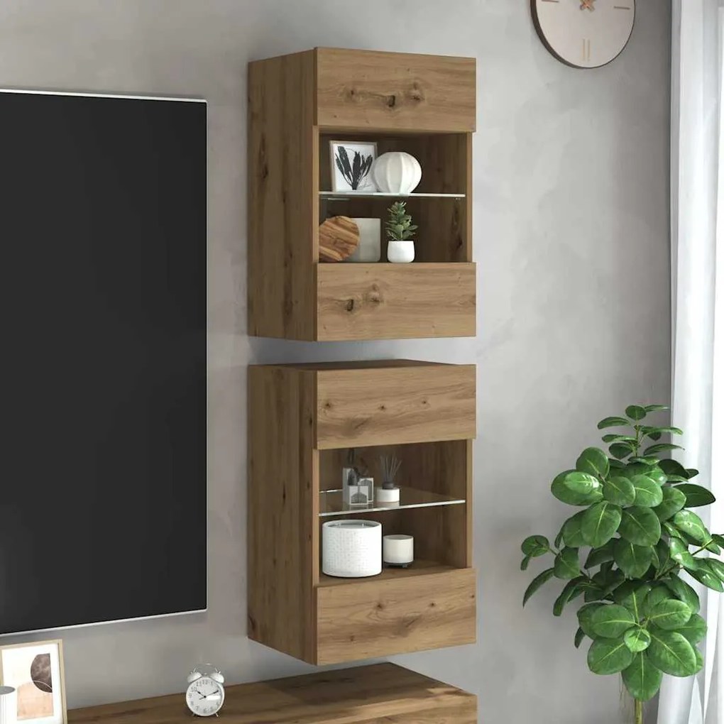 vidaXL Comode de perete cu lumini LED pentru TV, 2 buc. Stejar artizanal 40x30x60,5 cm