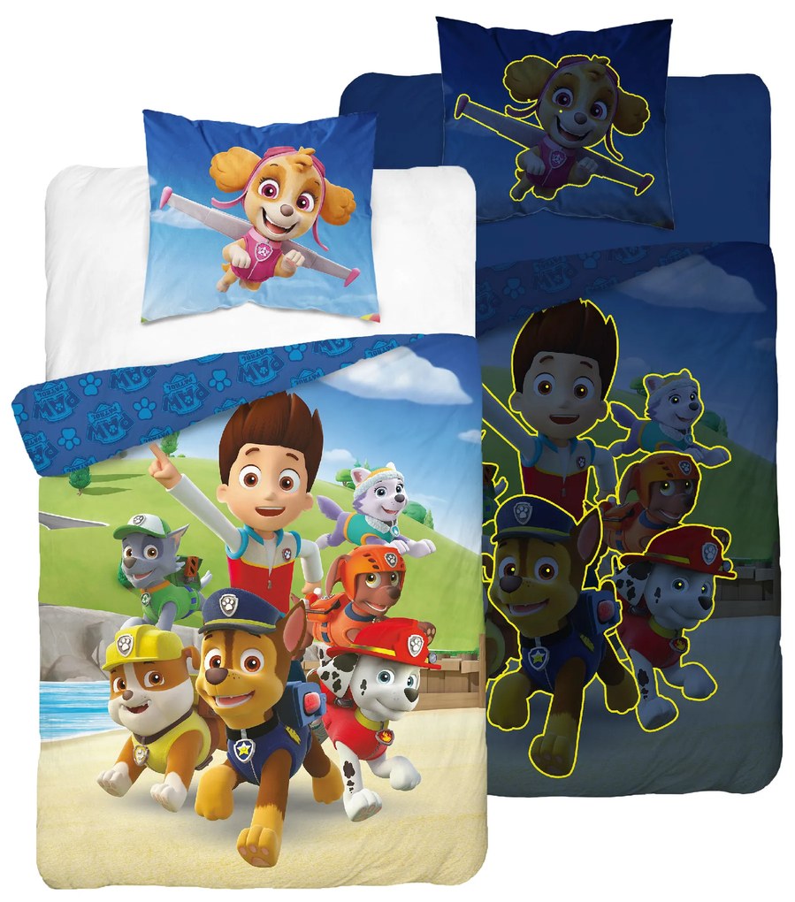 Lenjerie de pat luminoasa PAW PATROL Paws in Action albastra Dimensiune lenjerie de pat: 70 x 80 cm | 140 x 200 cm