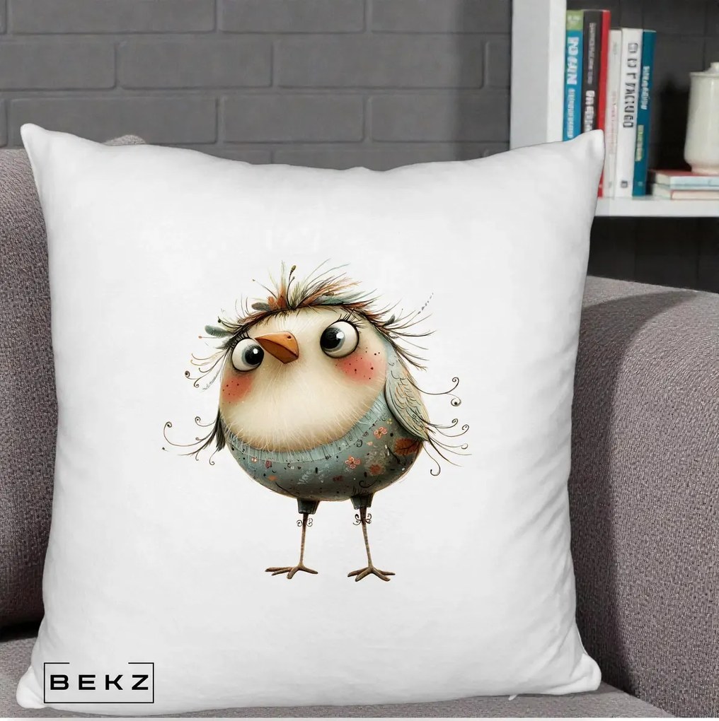 Perna Decorativa Pasare cu Penaj Zbarlit si Gene, 40x40 cm, Alb Pufos, Husa Detasabila, Perna Inclusa, BEKZ®