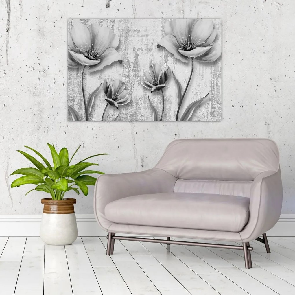 Tablou - Flori alb-negru pe fundal (90x60 cm)