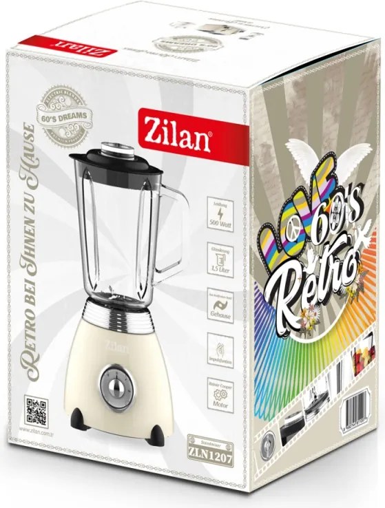 Blender Retro Zilan ZLN1207, putere 500W, capacitate 1.5L, 2 trepte de viteza, functie Pulse, vas din sticla, lame din otel inoxidabil