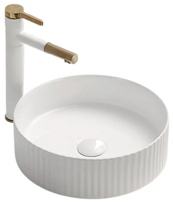 Lavoar rotund pe blat, cu linii 3D, alb lucios, ventil inclus, Imperial Foglia Alb lucios