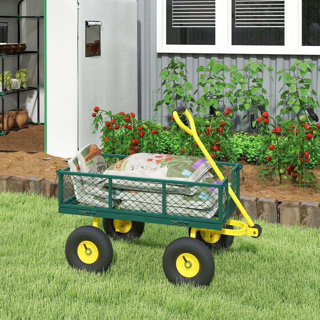 Outsunny Cărucior de Grădină Robust, Remorcă din Oțel cu Pereți Laterali Detașabili, Convertibil în Platformă, Roți de 25cm, Mâner Rotativ la 180°, Capacitate 200 kg, pentru Plajă, Peluză și Grădină, Verde | Aosom Romania