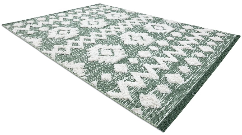 Covor ECO SISAL BOHO MOROC Etno Zig zag 22319 franjuri - două niveluri de lână verde / cremă, covor reciclat