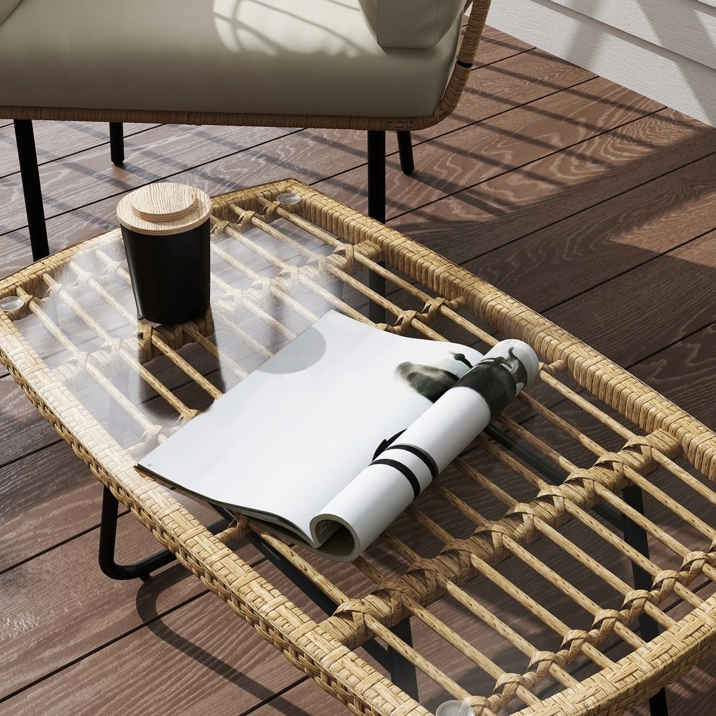 Outsunny Masă polyratan pentru grădină, 90 x 50 x 45 cm, rezistentă la UV, măsuță laterală cu blat de sticlă Lemn natural | Aosom Romania