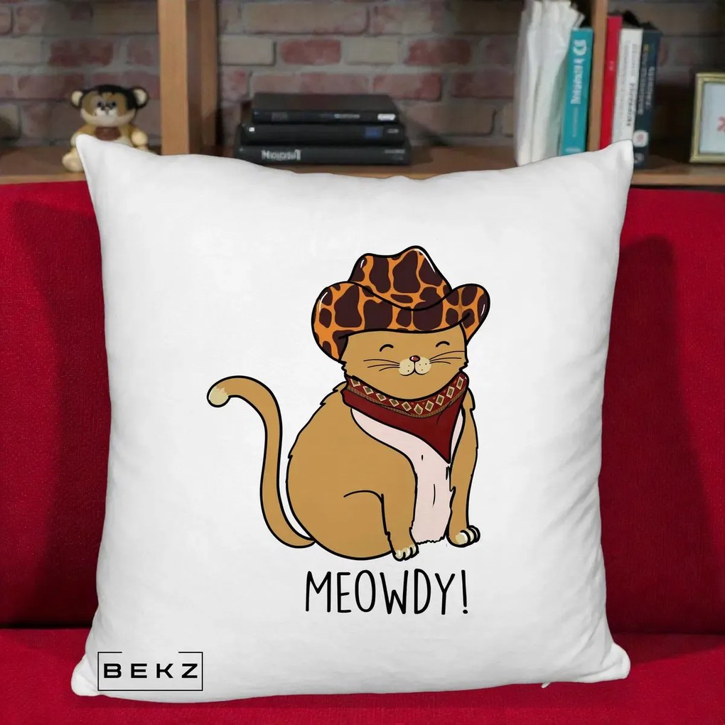 Perna Decorativa Pisica Cowboy Meowdy, 40x40 cm, Alb Pufos, Husa Detasabila, Perna Inclusa, BEKZ®