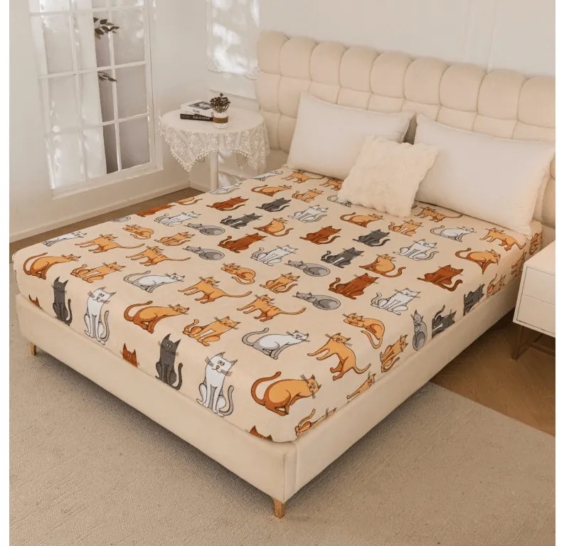 Cearsaf Cocolino microplus cu elastic COLORED CATS 90x200 cm crem