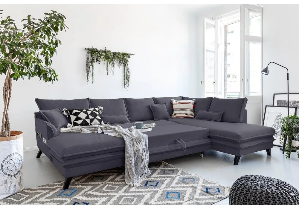 Canapea extensibilă în formă de „U” cu șezlong pe partea dreaptă Miuform Charming Charlie, gri antracit