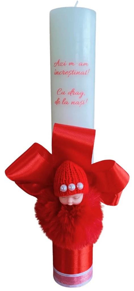 Lumanare botez decorata Cu drag de la nasi cu rosu 4,5 cm, 40 cm