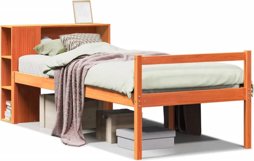 vidaXL Pat cu bibliotecă fără saltea maro ceruit 75x190 cm lemn masiv