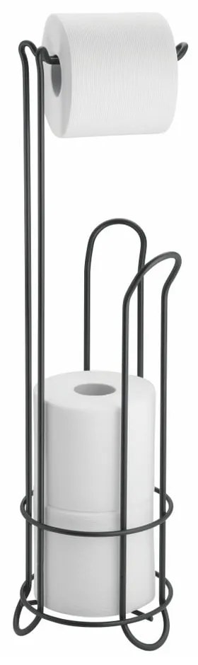 Suport din oțel cu tavă pentru hârtia igienică InterDesign, înălțime 65 cm, negru
