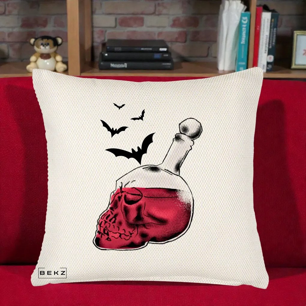 Perna Decorativa Halloween Craniu-Sticla cu Lilieci, 40x40 cm, Crem Reliefat, Husa Detasabila, Perna Inclusa, BEKZ®