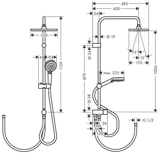 Sistem dus Hansgrohe Vernis Shapen 230 mm, 1 jet Reno, fara baterie, negru mat - 26282670